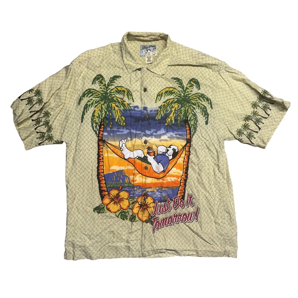 Big Dogs Just Do It Tomorrow Rayon Hawaiian Shirt Mens Medium Y2K Vintage Yellow